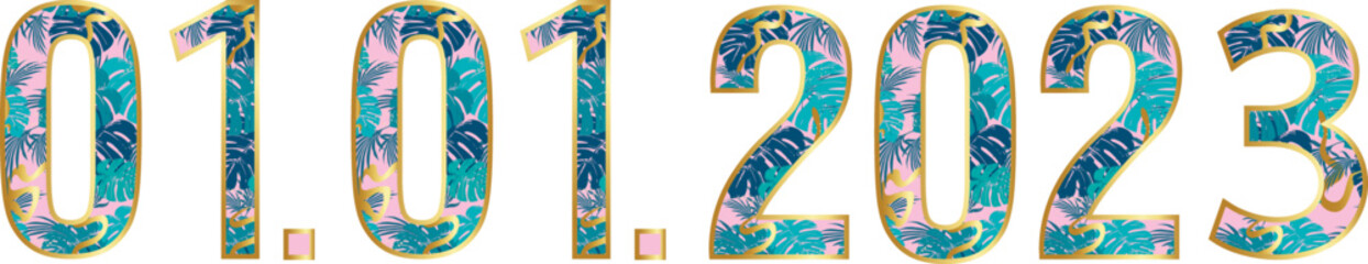 Happy 2023 poster. Lettering with tropical leaves. Christmas and New Year decor