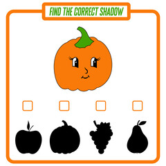 Find the correct shadow, education game for children. Cartoon pumpkin