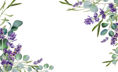 Watercolor eucalyptus leaves and purple lavender flower border.  Greenery branches. Rustic design. Clipart. Wedding invitation. Floral illustration isolated on transparent background .  © Nataliya Kunitsyna