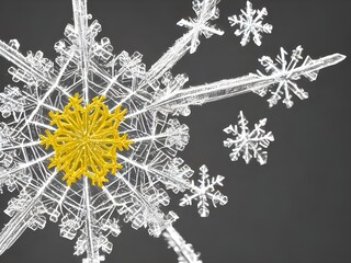 A single, delicate snowflake crystal floats in the air, its six-fold symmetry gently spinning....