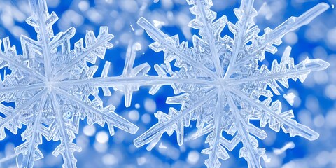 A blue-tinged snowflake rests on a black background. Its intricate structure is magnified,...