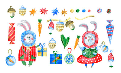 Watercolor illustration of Christmas characters in cartoon style - bunnies in fancy costumes, gifts, stars, garland. The collection is a symbol of the year according to the Chinese calendar.