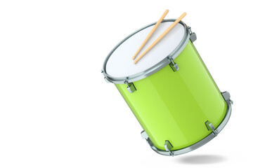 Realistic drum and wooden drum sticks on white. 3d render of musical instrument