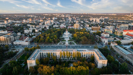 Obraz premium Aerial drone view of Chisinau downtown at sunset, Moldova