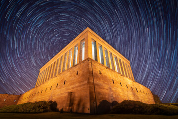 Low view of anitkabir with a star trails, monumental stone grave building of Mustafa Kemal Ataturk