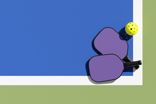 Pickleball paddles and whiffleball on court, illuminated sunshine. Top view, place for text. 3d illustration, render.