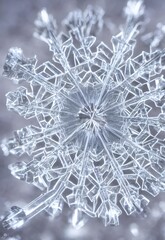 Obraz premium A delicate snowflake crystal is in sharp focus against a black background. Its six arms radiating from a central point are covered in sparkling frost. It's exquisite detail is breathtaking.