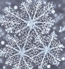 A closeup of a snowflake reveals its intricate crystal structure. Every edge is perfectly straight and lined with smaller crystals. The center of the flake is hollow, giving it a fragile appearance.