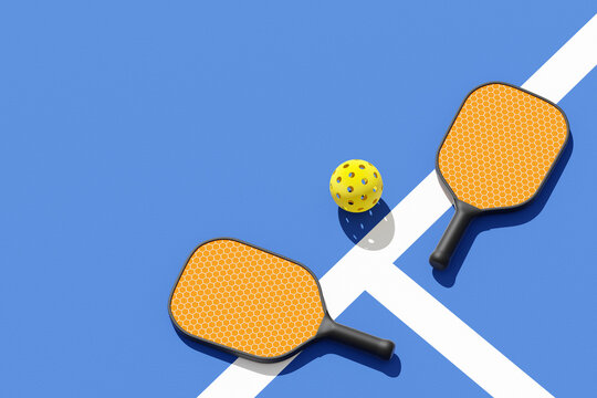 Pickleball paddles and whiffleball on court, illuminated sunshine. Top view, place for text. 3d illustration, render.