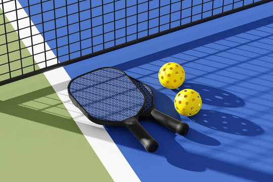 Pickleball paddles with balls on court under the shadow of the grid. 3d illustration, render.