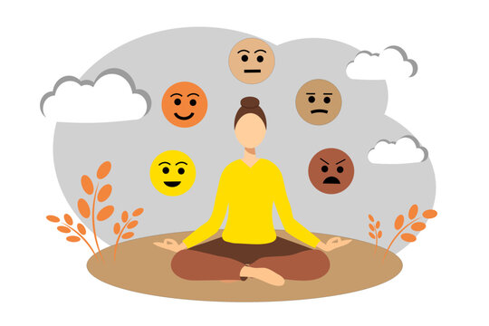 A Woman In A Yellow Sweater Sits In The Lotus Position And Meditates. Different Emotions Of Women. Mental Health