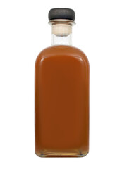 Isolated capped bottle with light brown drink or liquid.