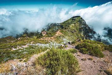 Summit view with beautiful mountain scenery on Pico Ruivo at noon. Pico do Arieiro, Madeira Island,...