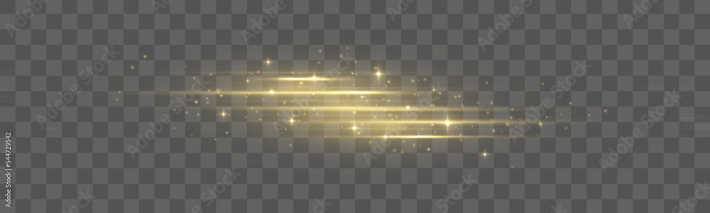 Poster Yellow soft horizontal neon lines and lights. Set of abstract lens flares. Flash gold line motion. Laser sparkle beams, glowing speed rays, dust sparks light effect. Luminous sparkling lined. Vector