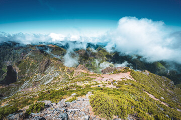 Summit view with beautiful mountain scenery on Pico Ruivo at noon. Pico do Arieiro, Madeira Island,...