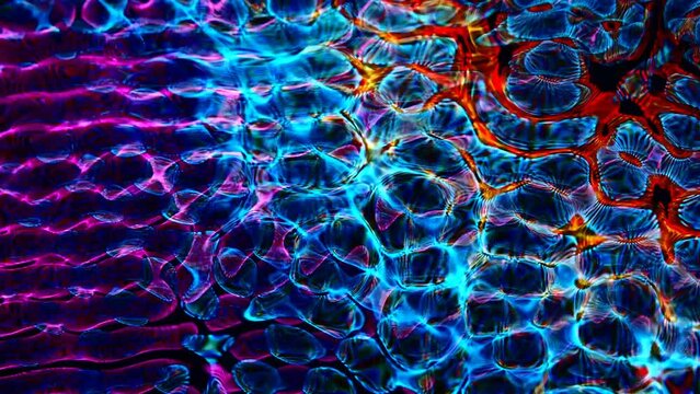 Awesome bg with magic particles float in liquid, light rays like laser show, light effects and bokeh, DOF. Glowing multi-colored particles circle underwater forming cloud. Luma matte as alpha channel.
