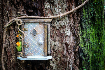Metal Builder Fairy Door found at a botanical garden on a tree growing green fungus surrounded by a...