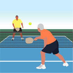 Playing tennis and pickleball. Men playing pickleball vector illuctration. Tennis court. 