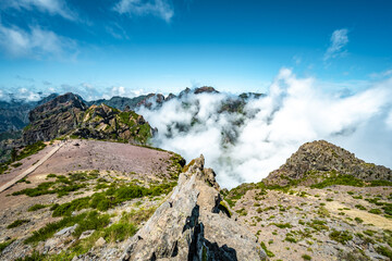 Fabulous view on Pico Ruivo from the viewpoint on Pico do Ariero in the afternoon. Verade do Pico...