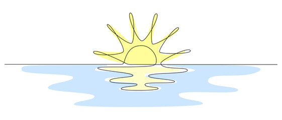 One continuous line drawing of sunny ocean view. Hot temperature and summer sea travel symbol in simple linear style. Solar green energy concept in editable stroke. Color Doodle vector illustration