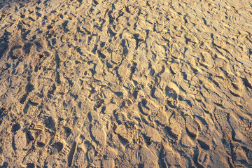 Human footprints on sandy beach of seaside at sunny day. Holiday and vacation concept.