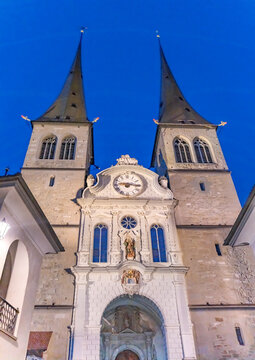 Saint Leodegar Church Basilica Facade Night Lucerne Switzerland