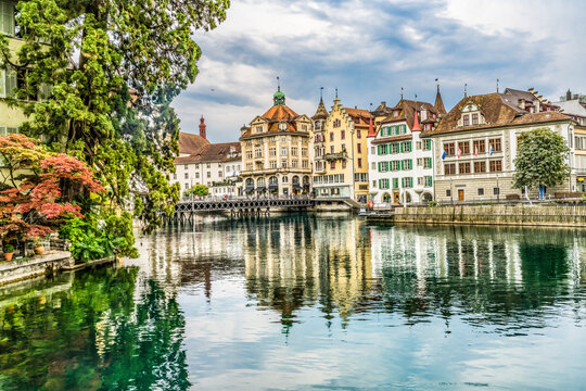 Bridge Inner Harbor Buildings Reflection Abstract Lucerne Switzerland