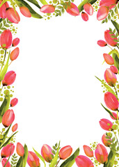Watercolor hand drawing pink tulipans frame with olive color  leaves and stems