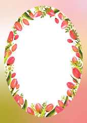 Pink watercolor tulipans elips frame with colorful background for wedding invitations, bridal showers, anniversary