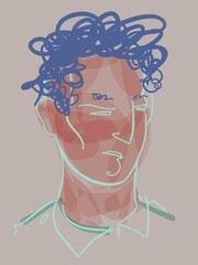 illustration of the face of a man with curly hair in a multi-colored technique