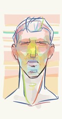 a man with a stern face drawn in the technique of multi-colored blocks and lines