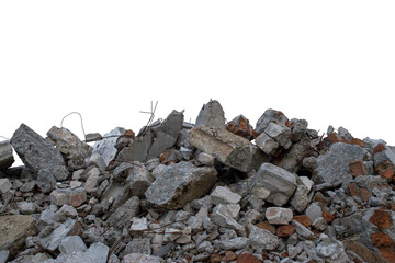 Grey concrete fragments of a destroyed building isolated on a white background. The cut object