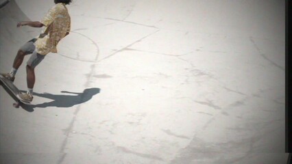 Retro VHS tape, Vintage cassette, Professional skater in bowl skatepark doing tricks, skateboarder carving a turn in a deep concrete bowl, latin hispanic man on extreme surfboard, summer sports - Powered by Adobe