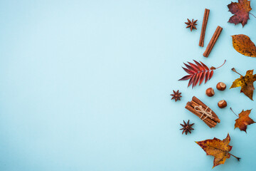 Autumn flat lay background. Creative composition with fall leaves, spices and nuts on blue.