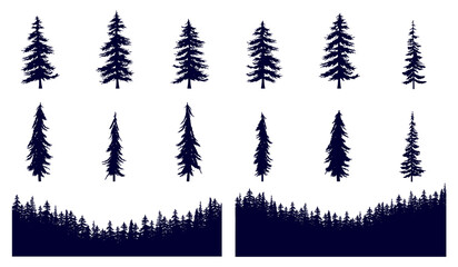 Forest tree and landscape vector objects on white background