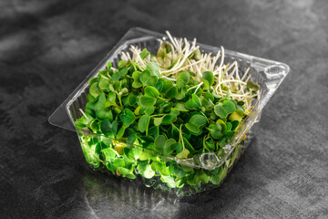 Microgreen sprouts in plastic container. microgreens sprouts - healthy and fresh food.Sprouting Microgreens on the Hemp Biodegradable Mats.Germination of seeds at home. Vegan and healthy food concept.