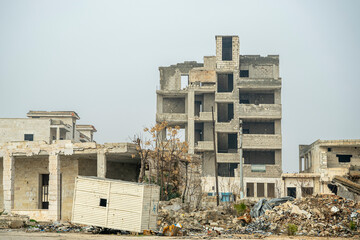 On the road from Aleppo to Damascus, destroyed building, Syria