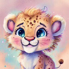 watercolor, baby animals, nursery, nursery decor, wall art, digital art, ai generated. baby lion