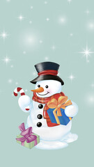 Big fat snowman with black hat and red scarf costume is holding gift box and Christmas candy cane and gift box on the snow. Hand drawn watercolor image.