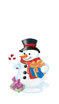 Big fat snowman with black hat and red scarf costume is holding gift box and Christmas candy cane and gift box on the snow. Hand drawn watercolor image.