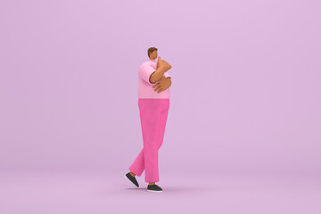 Fototapeta na wymiar The black man with pink clothes. He is expression of body and hand when talking. 3d illustration of cartoon character in acting.