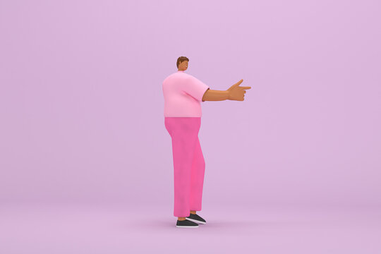 The black man with pink clothes.  He is expression  of body and hand when talking. 3d illustration of cartoon character in acting.