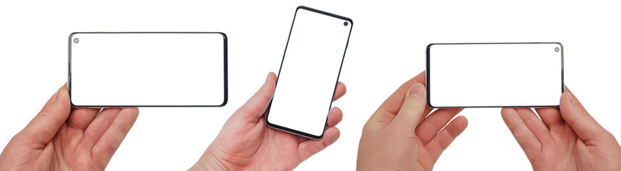 A man holds a mobile phone in his hand, a set of different angles and positions. Smartphone usage concept