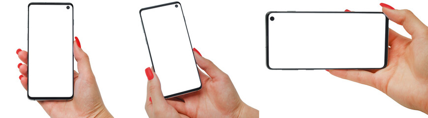 A woman holds a mobile phone in her hand with a red manicure, a set of different angles and positions. Smartphone usage concept