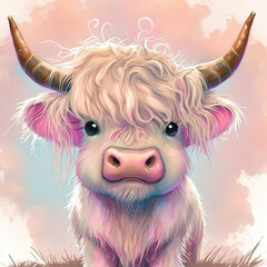 watercolor, baby animals, nursery, nursery decor, wall art, digital art, ai generated, baby cow, highland cow