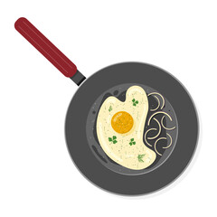 Vector illustration of fried eggs in a frying pan with onions, herbs and spices. Delicious, hot, traditional breakfast