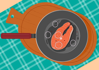Delicious fried fish in a frying pan with onions and spices on a table with a checkered tablecloth. Vector illustration.