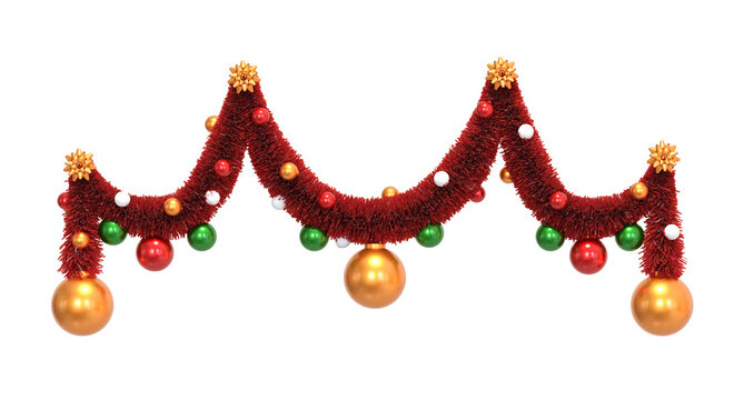 guirlande rouge avec boules de No&euml;l - fond transparent - rendu 3D
