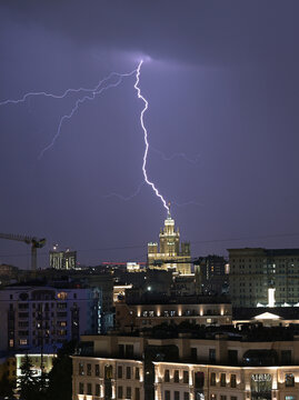 July 9, 2022. Moscow Russia. Lightning strikes the spire of the Stalin high-rise on Kotelnicheskaya Embankment during a summer thunderstorm in the Russian capital.
