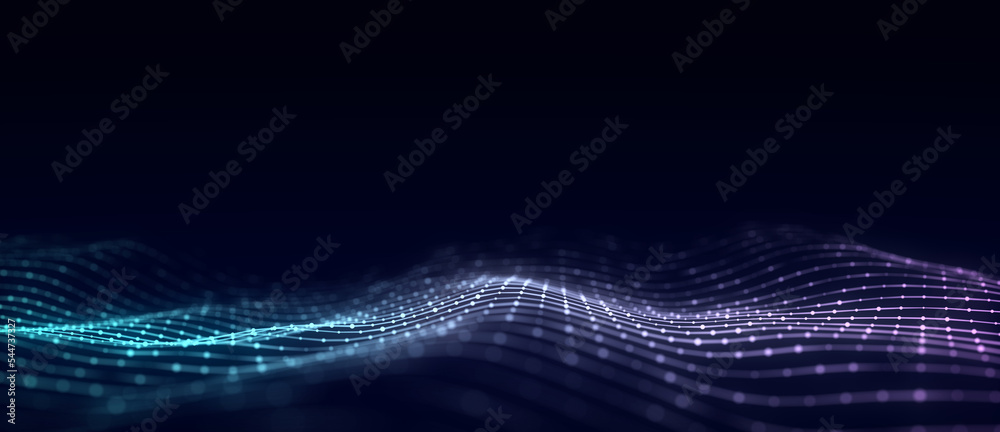 Poster Music wave of particles. Big data visualization. Abstract blue background with a dynamic wave. 3d rendering.